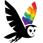 Rice Pride rainbow owl wing logo